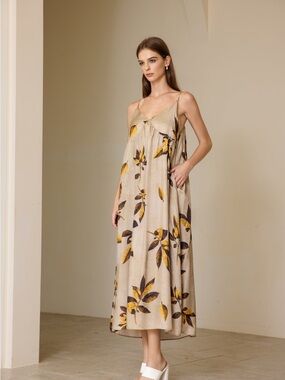 Luna Beige Floral Maxi Slip Dress with Yellow Leaf Motif